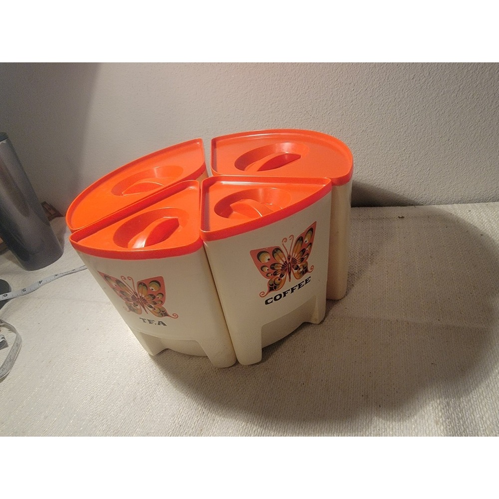 STERILITE -TEA ,COFFEE , SUGAR FLOUR SET  BUTTERFLY MOTIF‎ with Lids VINTAGE 60s